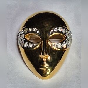 Nicky Butler Gold-tone Masquerade Face Brooch with Clear Rhinestones